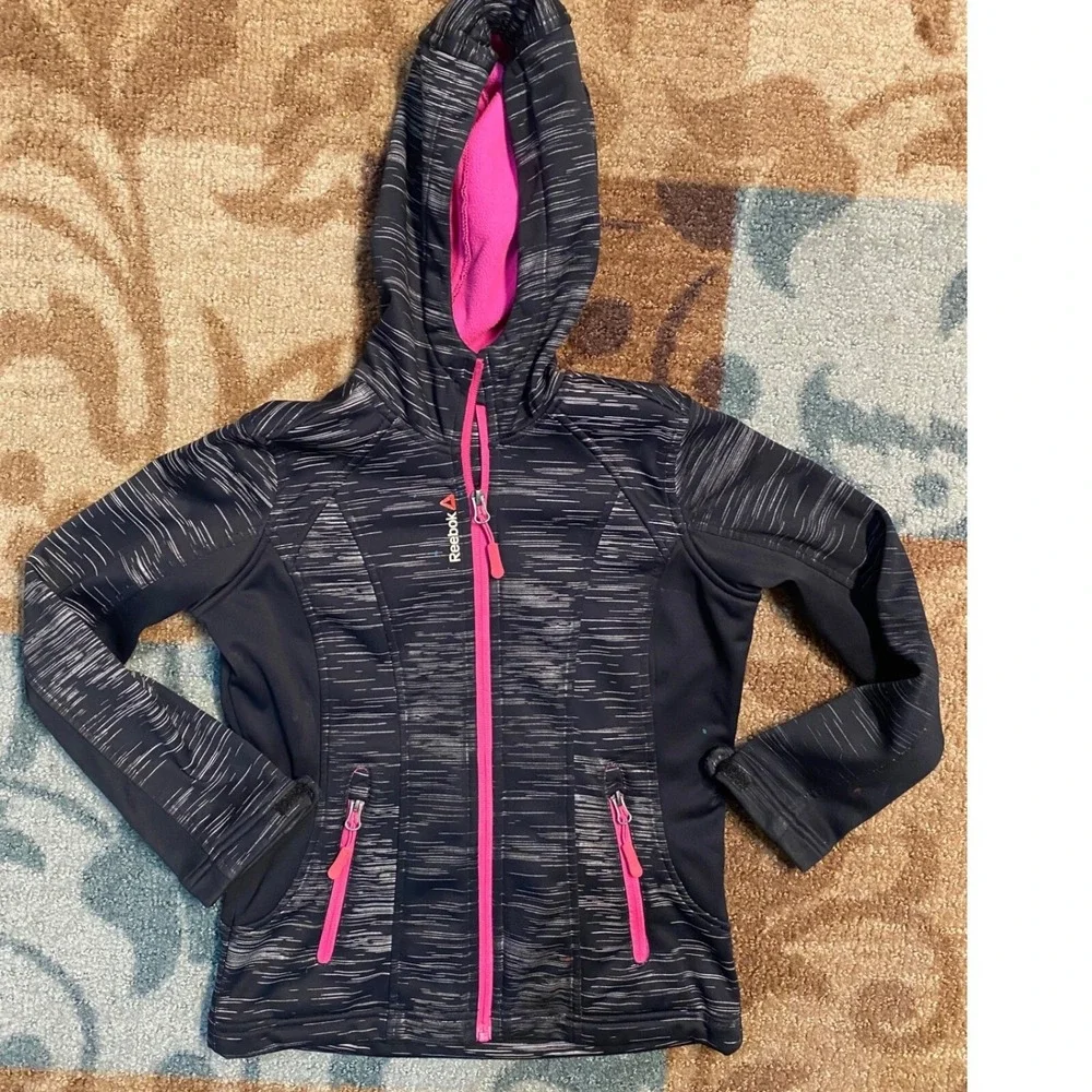 Reebok Girls 6/7 Full-Zip Active Jacket Hooded Black Pink Athletic Size Unknown‎